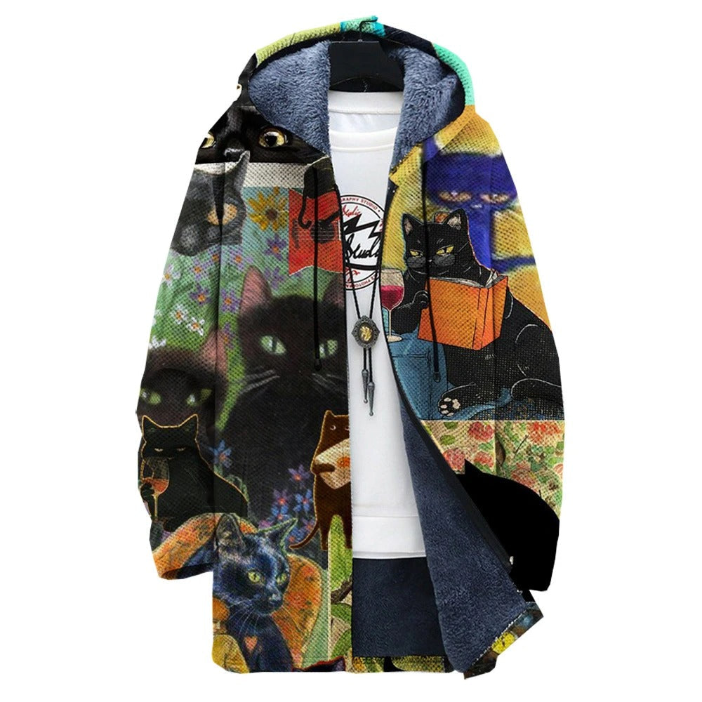 CD | Jachetă cu glugă, căptușită cu fleece, cu imprimeu artistic cu pisici