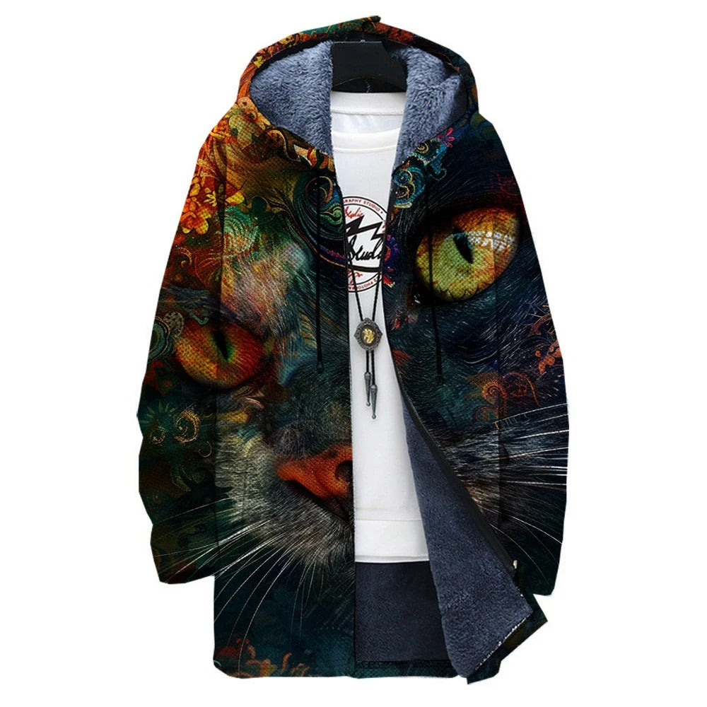 CD | Jachetă cu glugă, căptușită cu fleece, cu imprimeu artistic cu pisici