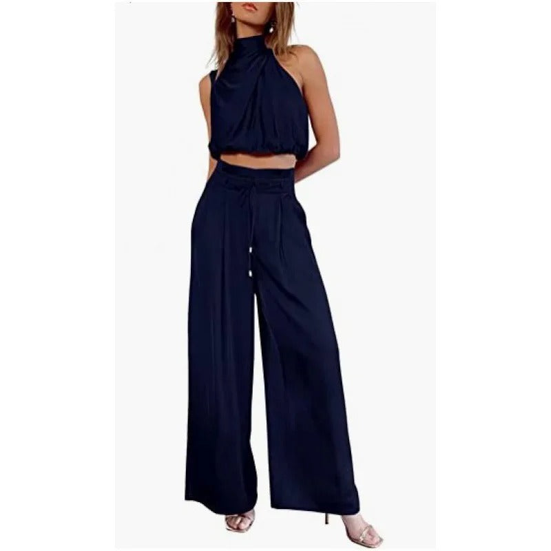 CD | Crop top cu halterneck și set de picioare largi