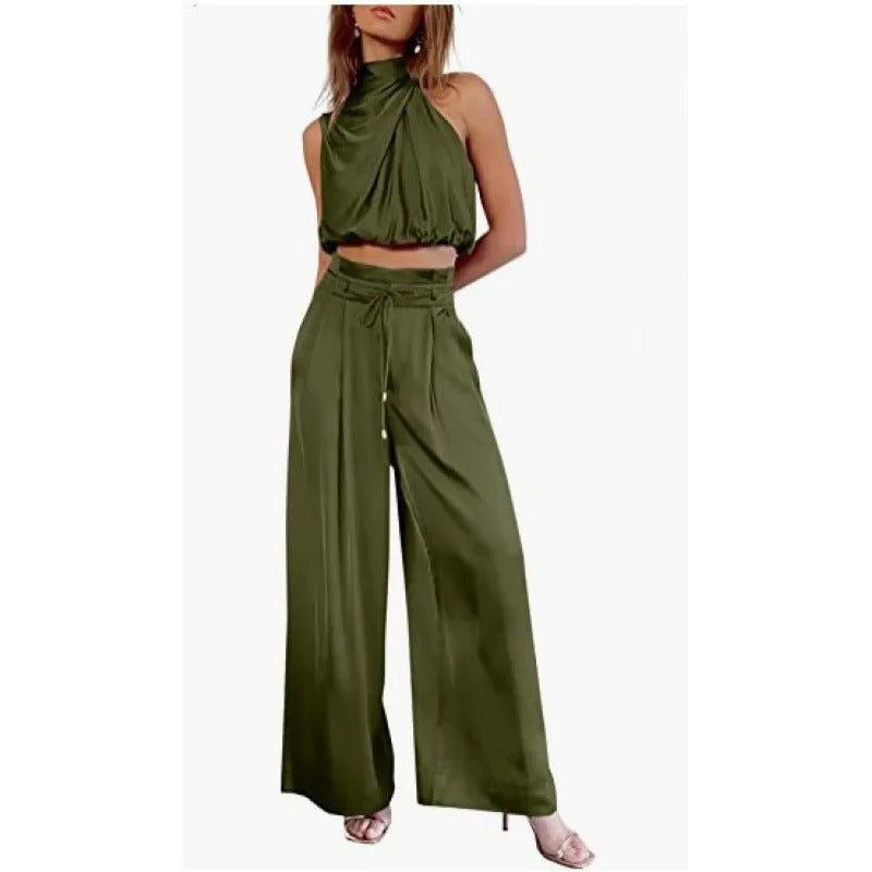 CD | Crop top cu halterneck și set de picioare largi