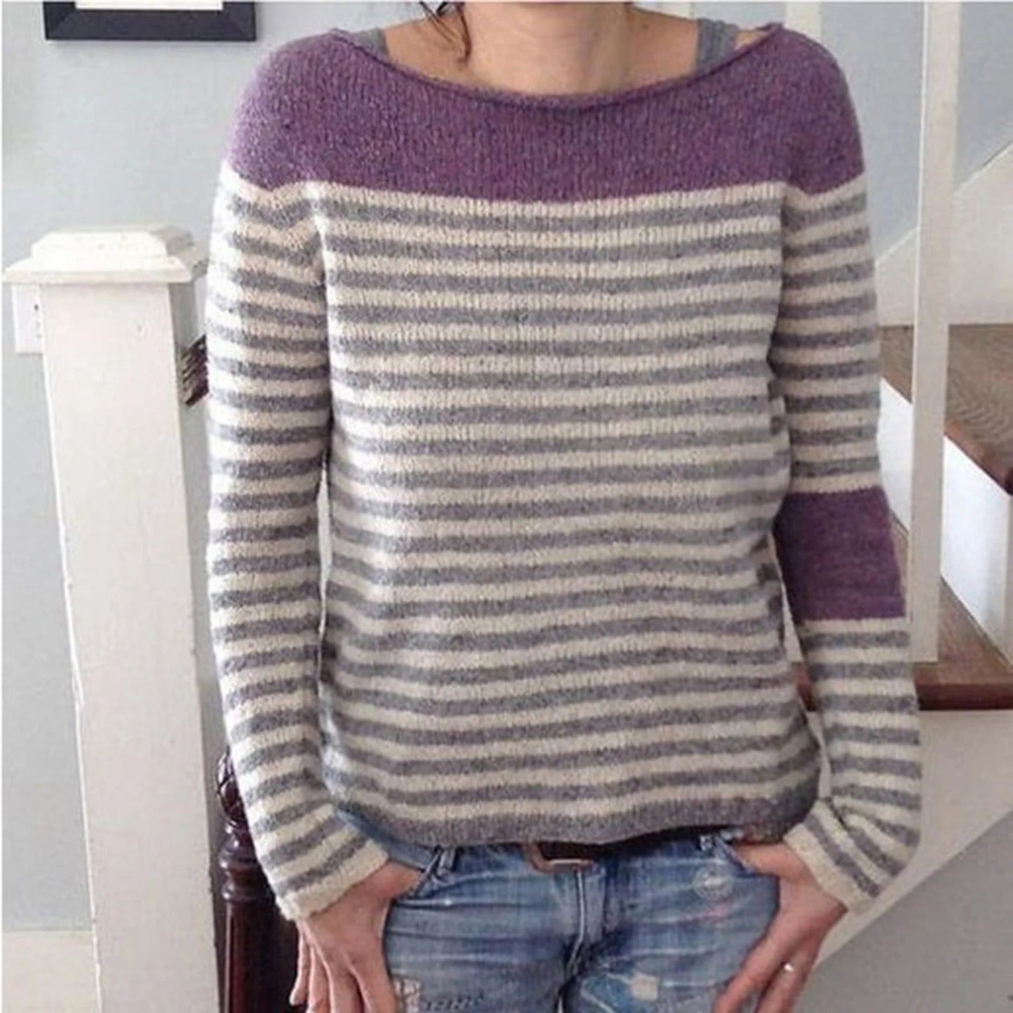 CD | Pulover tricotat Colorblock cu mâneci dungate