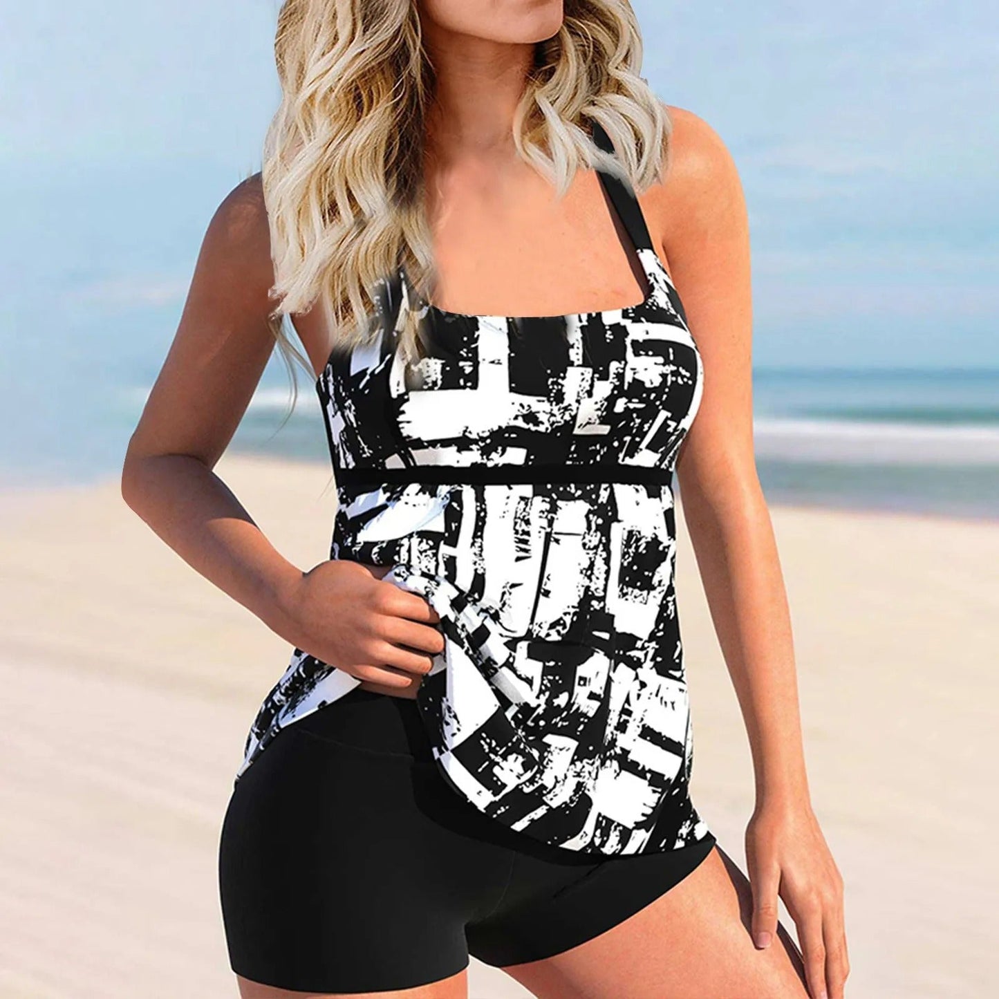 CD | Costum de baie tip tankini imprimat cu decolteu pătrat