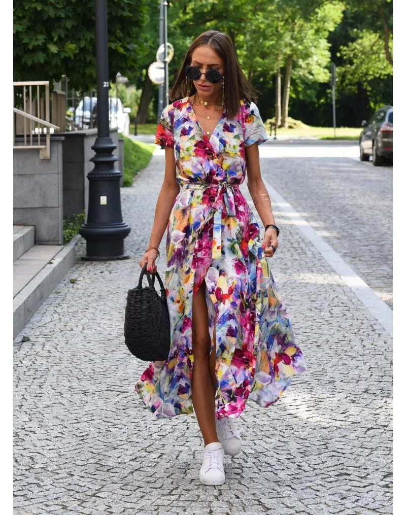 CD | Rochie midi de vară imprimată cu crăpătură