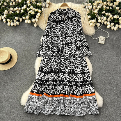 CD | Rochie vintage lungă imprimată cu decolteu în V și mâneci evazate