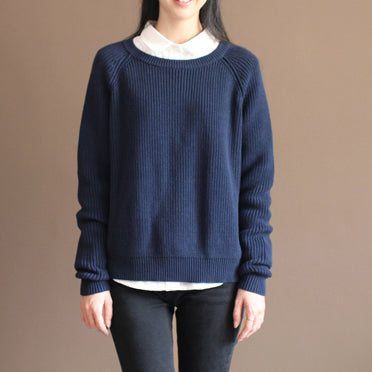 New Dark Blue Color Cotton Knit T Shirt Loose Batwing Sleeve Sweater Tops