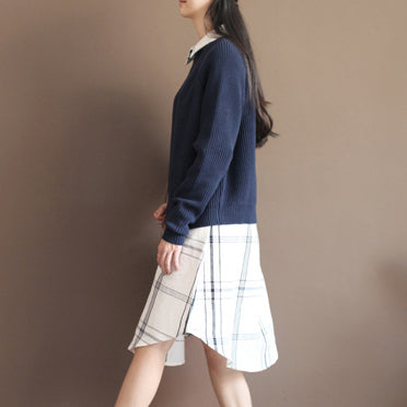 New Dark Blue Color Cotton Knit T Shirt Loose Batwing Sleeve Sweater Tops