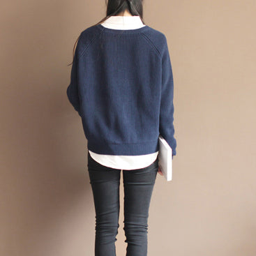 New Dark Blue Color Cotton Knit T Shirt Loose Batwing Sleeve Sweater Tops