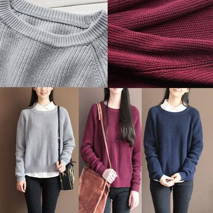 New Dark Blue Color Cotton Knit T Shirt Loose Batwing Sleeve Sweater Tops