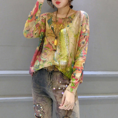 New Warm Gold Phoenix Print Cotton Knit Pullover Long Sleeve Casaul Sweater