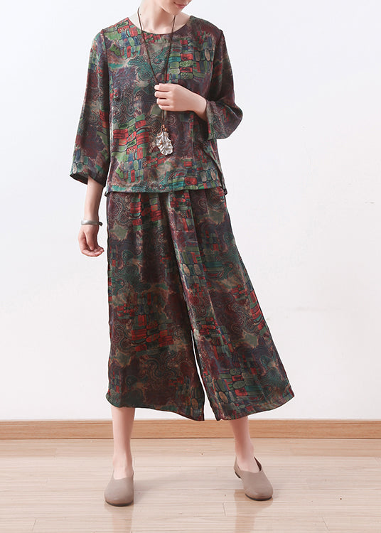 New Green Chiffon Two Pieces O Neck Tops With Loose Wide-leg Pants