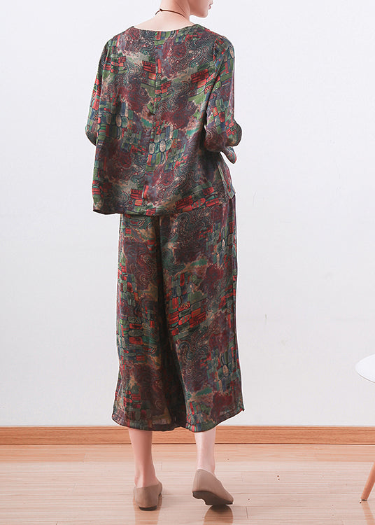 New Green Chiffon Two Pieces O Neck Tops With Loose Wide-leg Pants