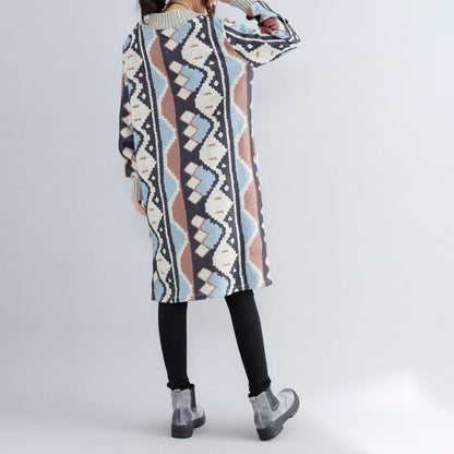 New Khaki Prints Woolen Sweater Dresses Oversize Side Open Knit Dress