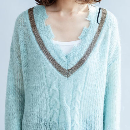 New Light Blue Warm Woolen Sweater Oversized V Neck Knit Tops