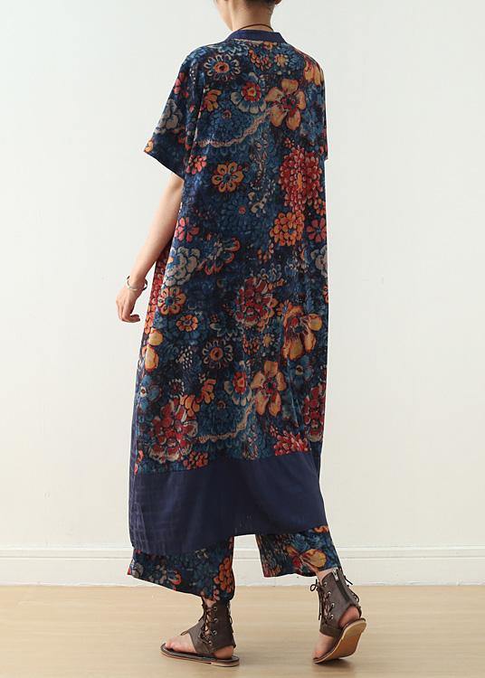 New Loose Blue Retro Print Pattern V-neck Silk Cardigan and Wide Leg Pants Two-piece
