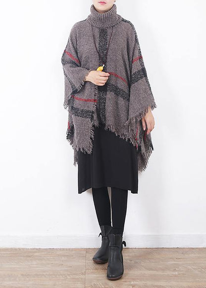 Oversize Dark Gray Tassel High Neck Sweater Plaid Cloak