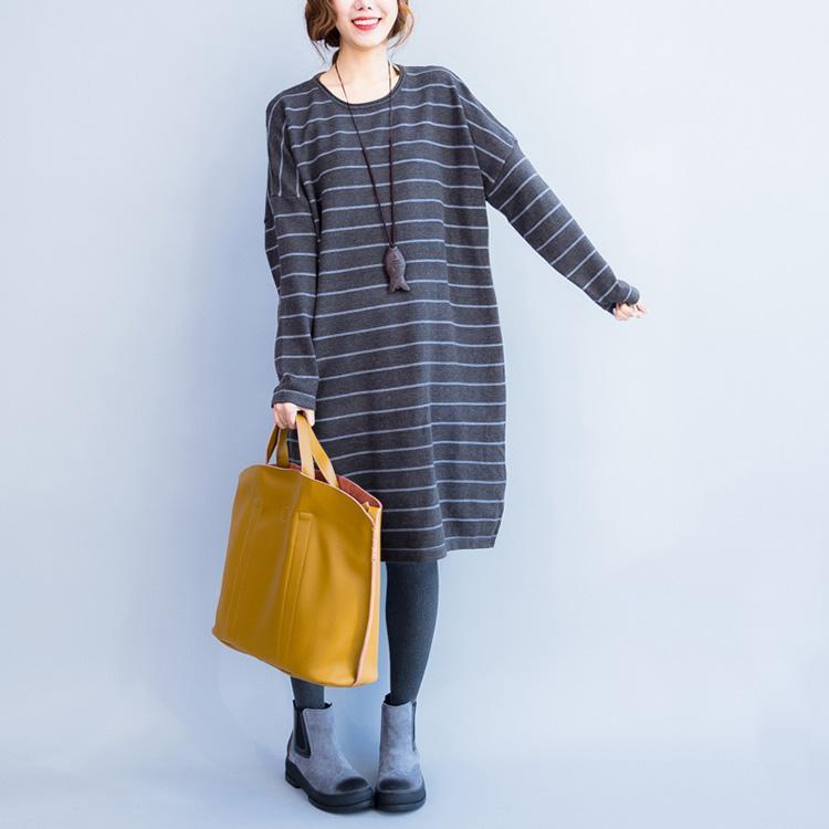 Oversize Gray Striped Knit Dresses Long Sleeve Sweater Dress Side Open