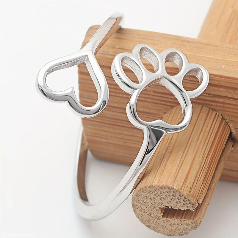 Handcrafted Paw & Heart Ring – Adjustable 925 Sterling Silver