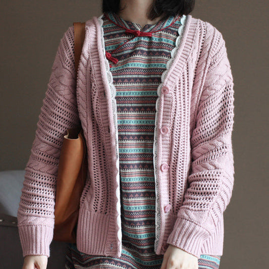 Pink Cotton Sweater Tops Loose Lace Chunky Knit Cardigans