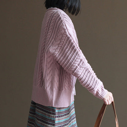 Pink Cotton Sweater Tops Loose Lace Chunky Knit Cardigans