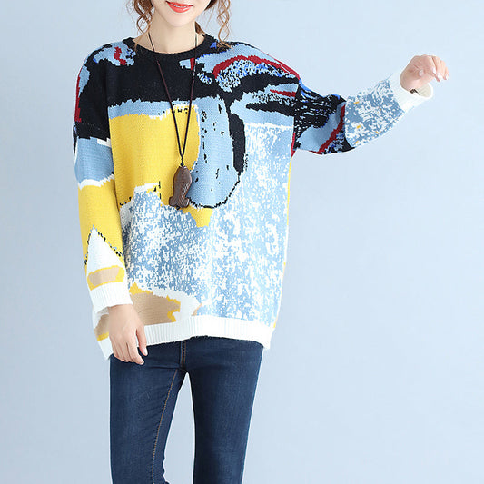 Blue Print Woolen Knit Tops O Neck Warm Sweater