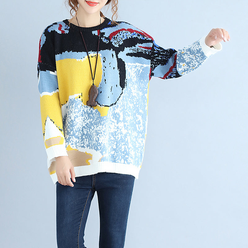 Blue Print Woolen Knit Tops O Neck Warm Sweater