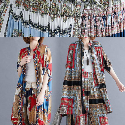 Red Blue Prints Chiffon Two Pieces Stand Collar Shirt With Cinched Wide Leg Pants