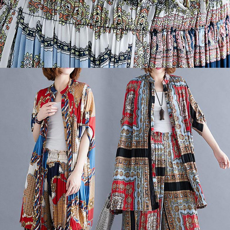 Red Blue Prints Chiffon Two Pieces Stand Collar Shirt With Cinched Wide Leg Pants