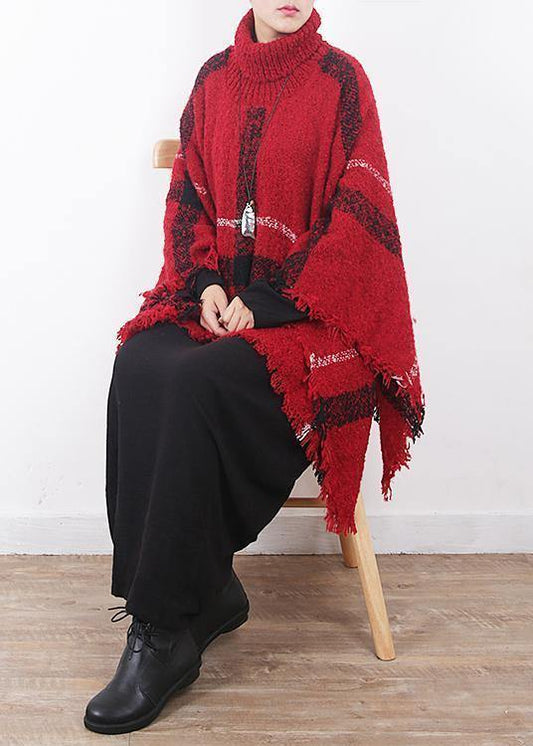 Red Plaid Tassel Cloak High Neck Knit Sweater