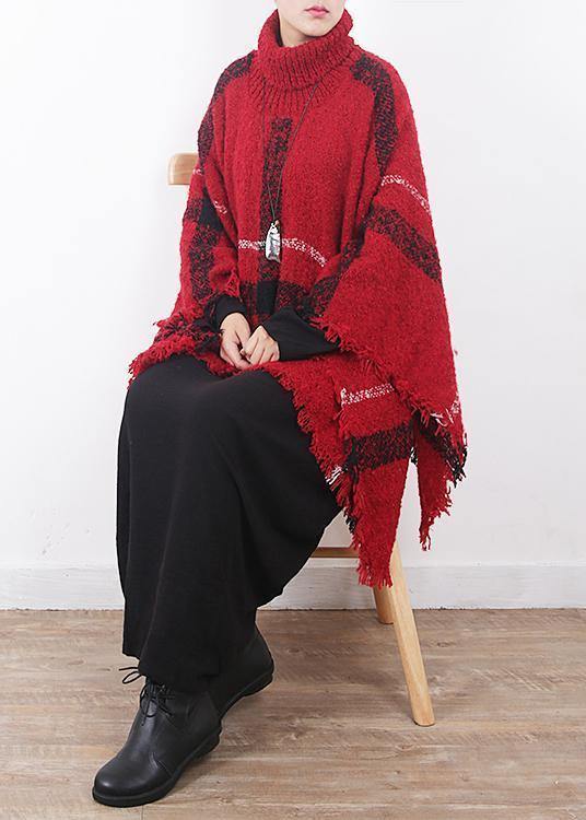 Red Plaid Tassel Cloak High Neck Knit Sweater