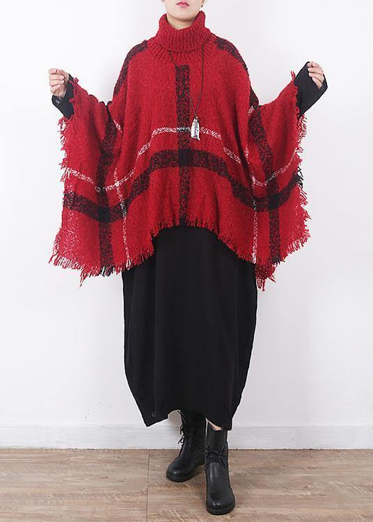 Red Plaid Tassel Cloak High Neck Knit Sweater