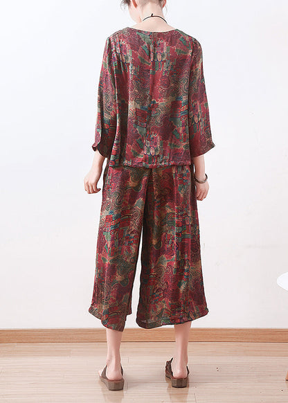 Red Prints Silk Two Pieces Long Sleeve Tops and Elastic Waist Wide Leg Pants