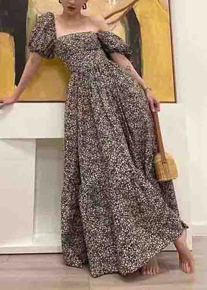 Rt Print Square Collar Wrinkled Patchwork Cotton Long Dresses Puff Sleeve