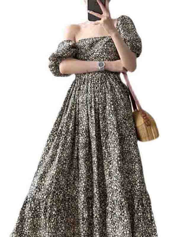 Rt Print Square Collar Wrinkled Patchwork Cotton Long Dresses Puff Sleeve