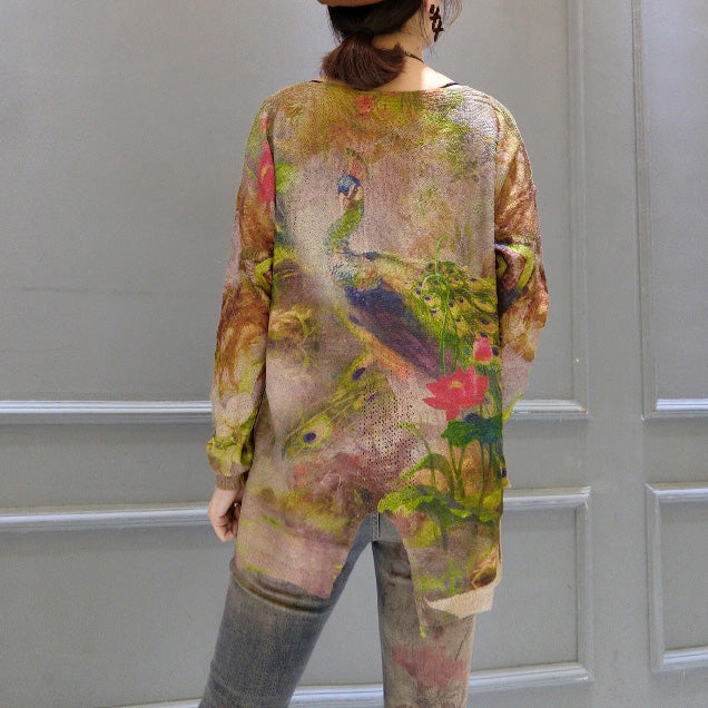 Fit Gold Phoenix Print Cotton Knit Tops Oversize Asymmetric Sweater