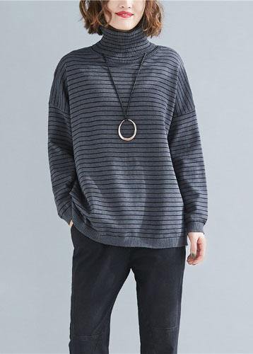 Spring Gray Striped Knit Blouse High Neck Spring Knitwear
