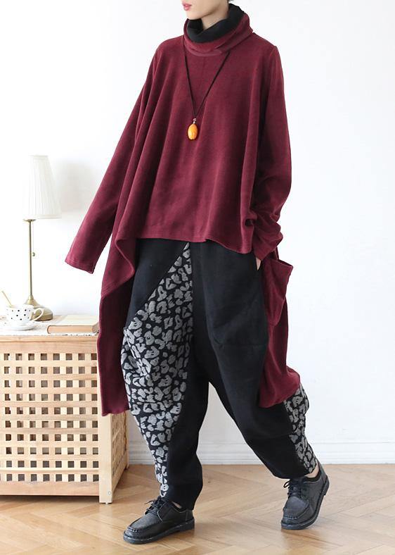 Spring High Neck Red Knit Sweat Tops Clothing Asymmetric Hem Knit Blouse