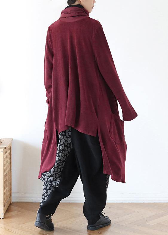 Spring High Neck Red Knit Sweat Tops Clothing Asymmetric Hem Knit Blouse