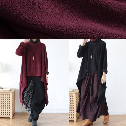 Spring High Neck Red Knit Sweat Tops Clothing Asymmetric Hem Knit Blouse