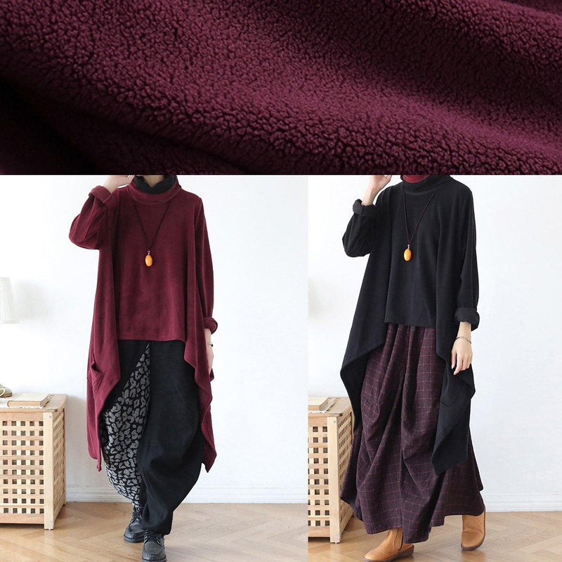 Spring High Neck Red Knit Sweat Tops Clothing Asymmetric Hem Knit Blouse