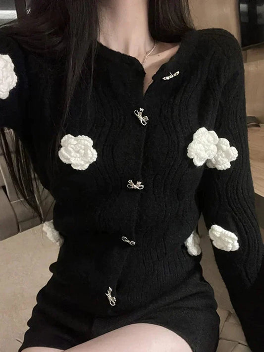 CD | Pulover elegant în negru cu flori 3D și design single-breasted