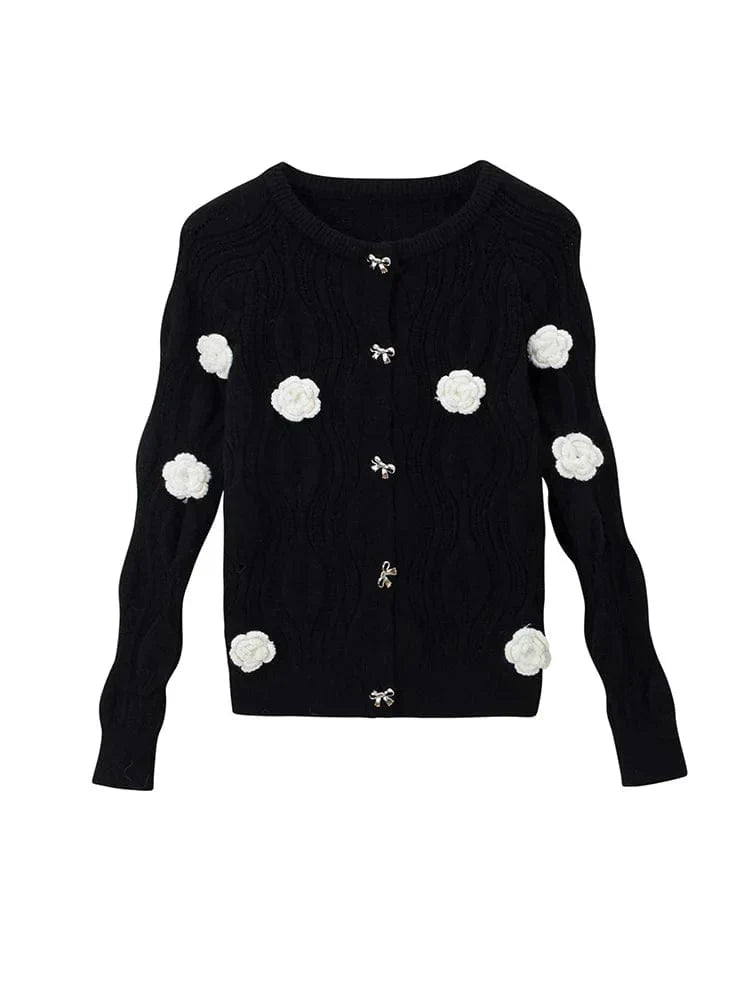 CD | Pulover elegant în negru cu flori 3D și design single-breasted