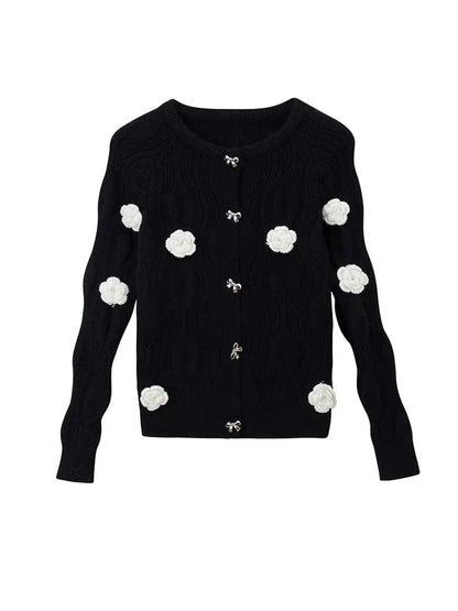 CD | Pulover elegant în negru cu flori 3D și design single-breasted