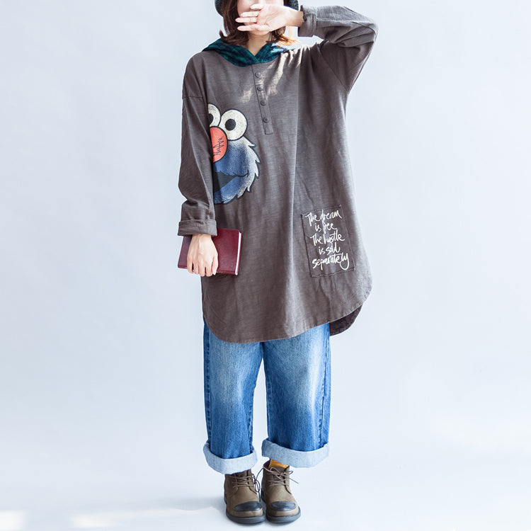 Stylish Big Bird Prints Gray Knit Cotton Tops Grid Hooded T Shirt