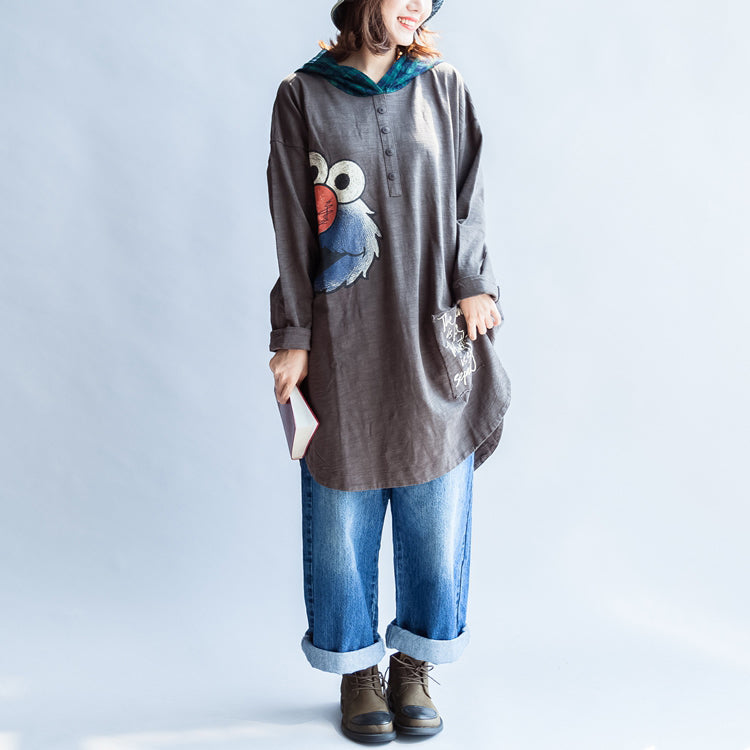 Stylish Big Bird Prints Gray Knit Cotton Tops Grid Hooded T Shirt