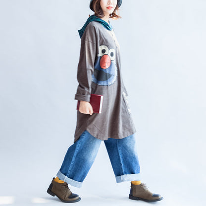 Stylish Big Bird Prints Gray Knit Cotton Tops Grid Hooded T Shirt