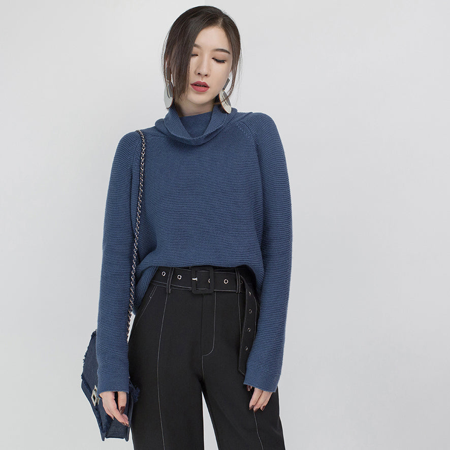 Stylish Blue Cozy Sweater Loose Fitting High Neck Knit Sweat Tops Blouse