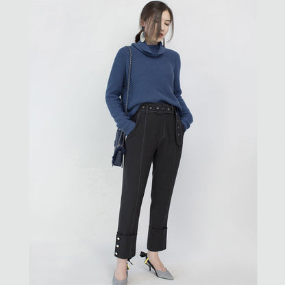 Stylish Blue Cozy Sweater Loose Fitting High Neck Knit Sweat Tops Blouse