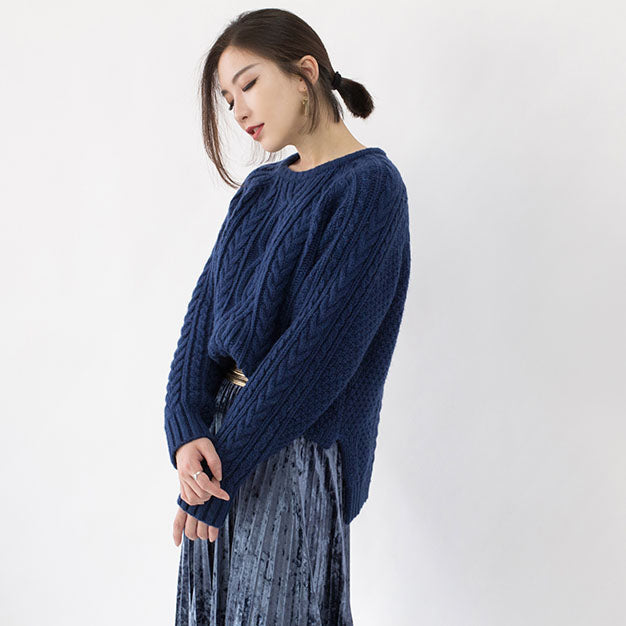 Stylish Blue Winter Sweater Clothing O Neck Side Open Sweaters Fine Cable Knit Winter Tops
