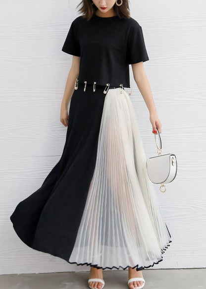 Summer Black Chiffon Maxi Skirts Patchwork Nets Yarn Beach Skirts