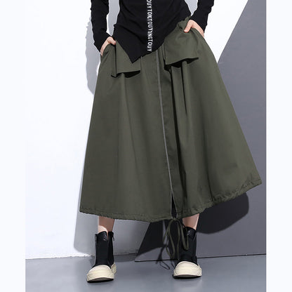 Fine Army Green Natural Cotton Skirt Oversize a Line Skirts Traveling Boutique Pockets Drawstring Cotton Skirt
